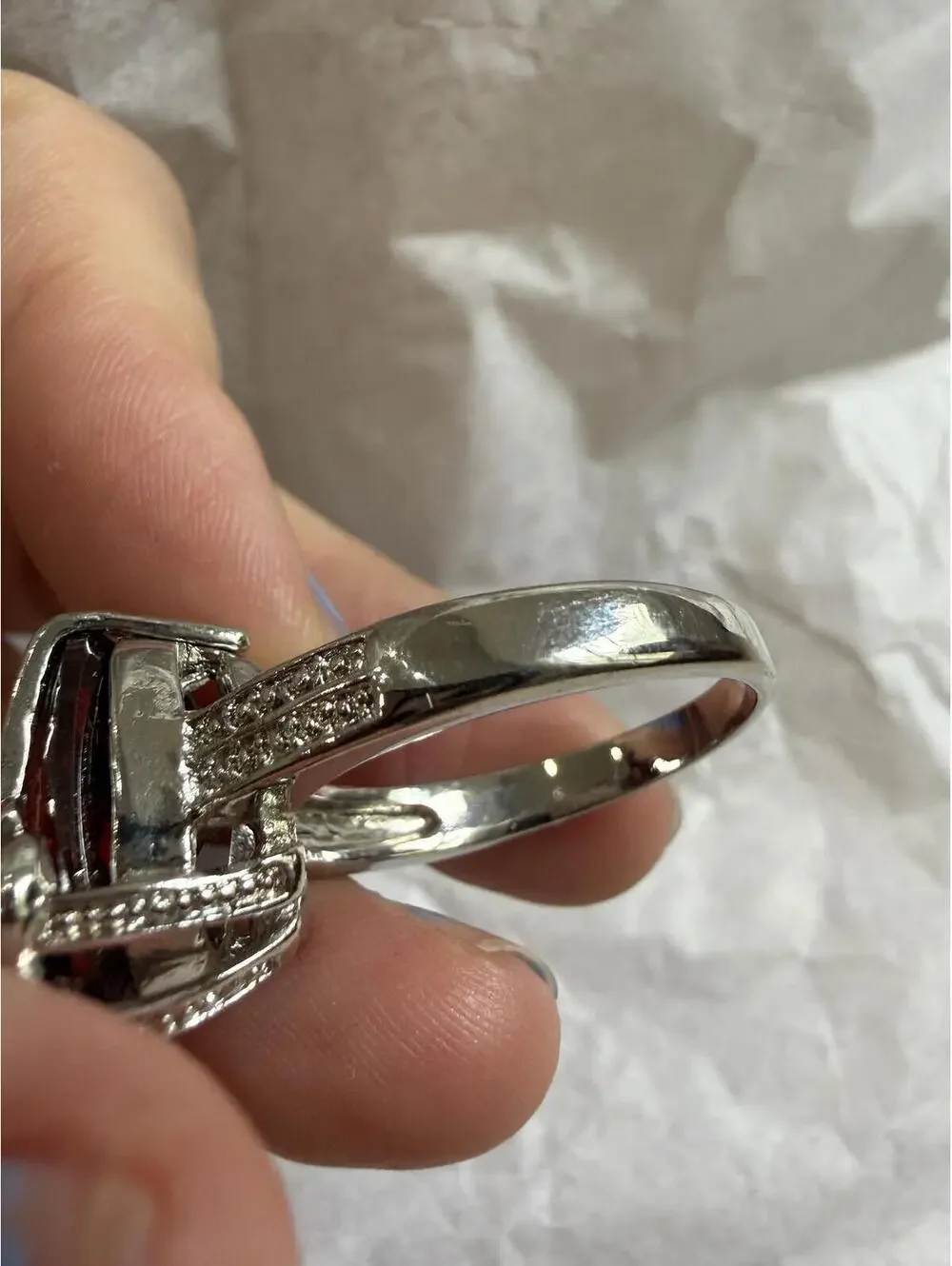 Vintage Style Silver Ring with Large Red Gemstone and Bow Accent 11.5